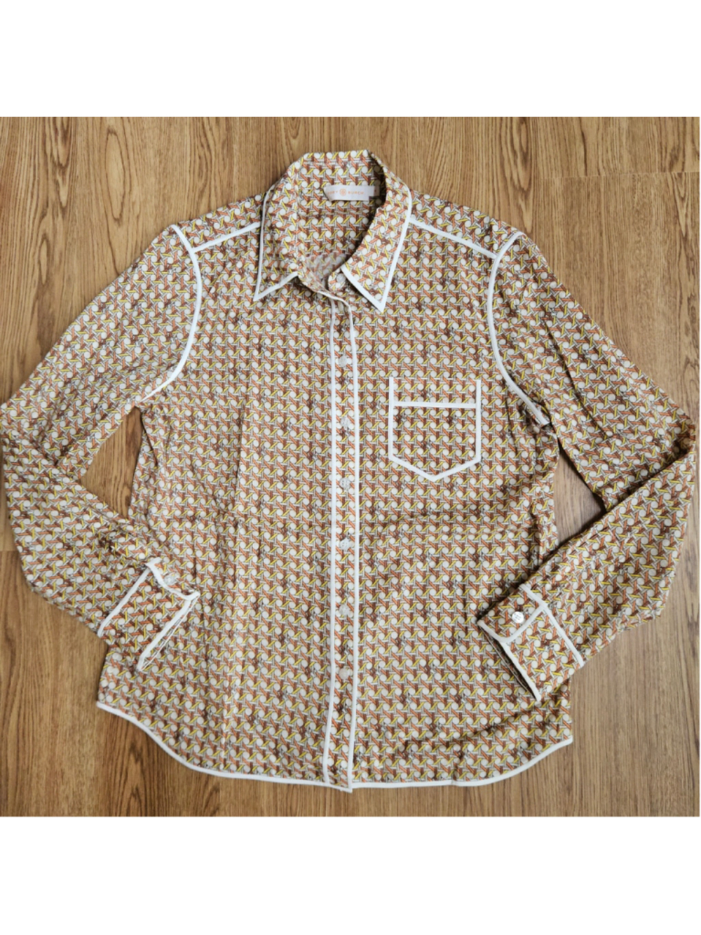 Tory Burch Brigitte Basket Weave Contrast Trim Blouse Button Up Signature 8 - Picture 2 of 6